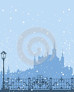 Vector background design of winter snowfall in fairy tale medieval city with castle