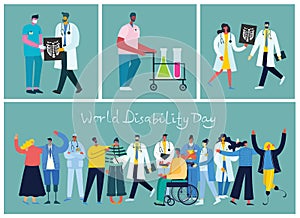 Vector background with disabled people, young handycap persons and friends near helping. World Disability Day.