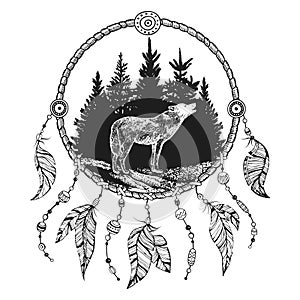 Vector background with dream catcher, howling wolf and forest. American indian symbol hand drawn illustration
