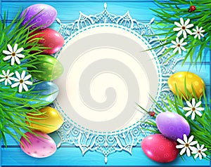 Vector background for Easter. Colored eggs, flowers, daisies, gr