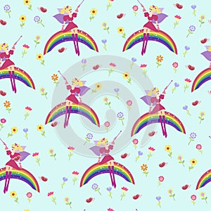 Vector background Fairy on a raibow. Seamless pattern fairies.