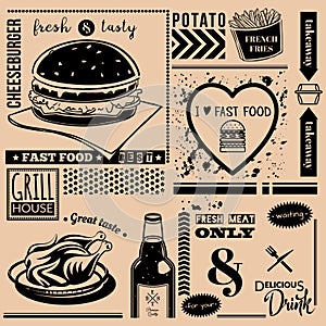 Vector background with fast food symbols. Menu pattern.