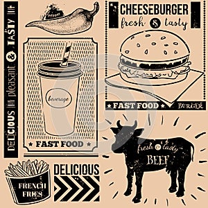 Vector background with fast food symbols. Menu pattern