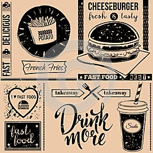 Vector background with fast food symbols. Menu pattern