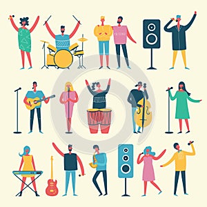 Vector background in a flat style of group of singing, playing guitar, drums, piano, saxophone and other music instrument people