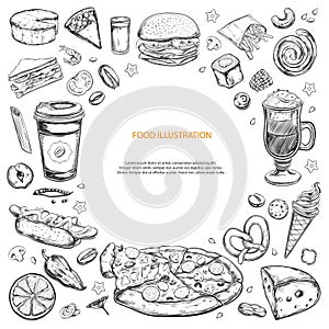 Vector background of food ingredients. Hand drawn sketches. Isolated