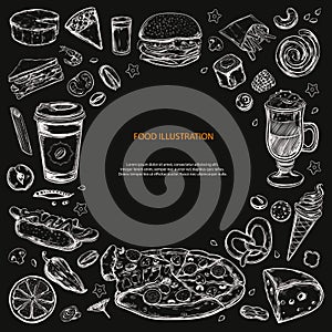 Vector background of food ingredients. Hand drawn sketches. Isolated