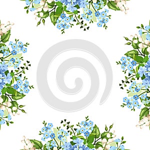 Background frame with blue and white flowers. Vector illustration. photo