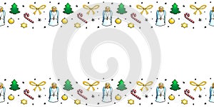 Vector background, frame, border of Christmas trees, singing angels, candy canes. Horizontal top and bottom edging