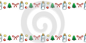 Vector background, frame, border of color festive Christmas symbols in doodle style. Horizontal top and bottom edging