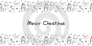 Vector background, frame, border of xmas trees, singing angels, candy canes, stars. Merry Christmas lettering