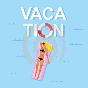 Vector background girl is floating on an inflatable mattress. The concept of a beach holiday. Summer vacation at the sea. A girl i