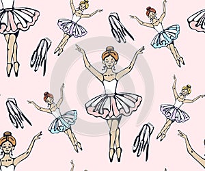 Vector background hand drawn ballerina. Hand drawn ink illustration. Modern ornamental decorative background. Vector pattern.