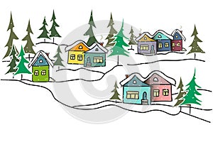 Cute cozy winter country landscape like a childish drawing