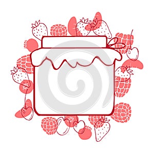 Vector background with hand-drawn jam jar and berries.