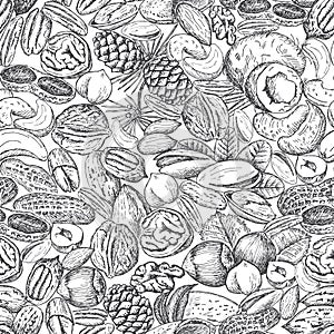 Vector background with hand drawn nuts seamless pattern.