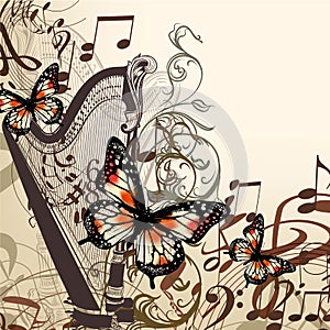 Vector background with harp, notes and butterflies