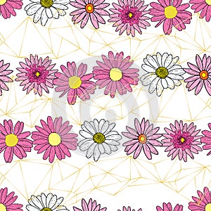 Vector white background pink daisy flowers and wild flowers. Seamless pattern background