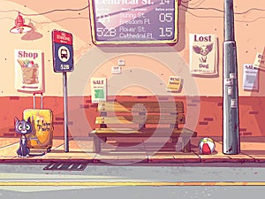 Vector background illustration bus stop with sad cat