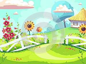 Vector background illustration farm on green meadow