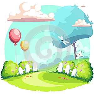 Vector background illustration green lawn with fences and dragonfly