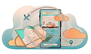 Vector background with illustration of smartphone, map, van, road, plane route, location icon, cloud.