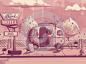 Vector background illustration trailer motel in a pink color