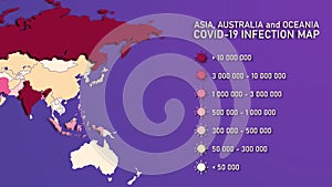 Vector background. Infographics. Geographic map of Asia, Australia and Oceania. Coronavirus infection statistics.