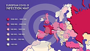 Vector background. Infographics. Geographic map of Europe. Coronavirus infection statistics in European countries. Covid-19.