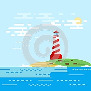 Vector background with lighthouse, sea, waves in a daytime.