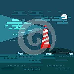 Vector background with lighthouse, sea, waves an night.