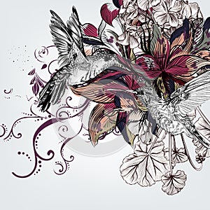 Vector background with lily flowers and birds in engraved style