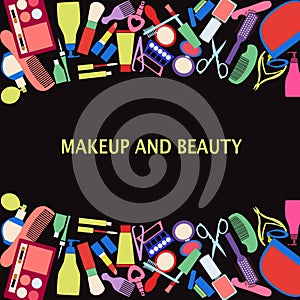 Vector background of MakeUp and beauty cosmetic Symbols.