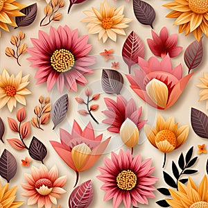 Vector background with meticulously detailed autumn flowers and leaves (tiled) photo