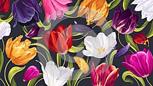 Vector background with multicolored tulip flowers.