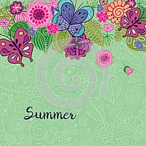 Vector background with natural elements. Doodle floral pattern in folk style with place for text