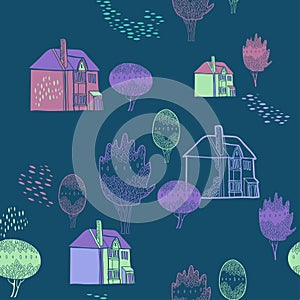 Vector background with old town. Seamless pattern.