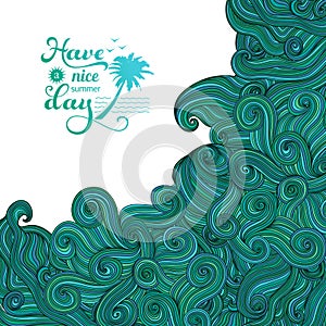 Vector background with ornament. Big wave, tsunami, summer logo. Colorful abstract hand-drawn design, waves background