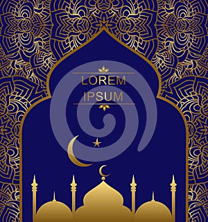 Vector background with an ornament and a silhouette Islamic mosque. photo