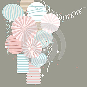 Vector background with paper Pom Poms, lanterns