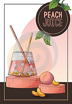 Vector background with peach, slice of peach, glass of juice.