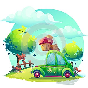 Vector background Pin-up style with cartoon green car