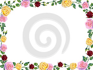 Vector background with pink and red rose flowers and green leaves. Horizontal poster