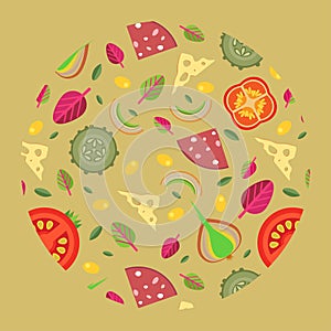 Vector background of pizza toppings to form a circle in a flat style.