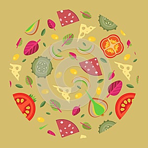 Vector background of pizza toppings to form a circle in a flat style. photo