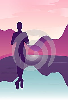 vector background with polygonal landscape illustration with athletes. winter sports. flat design. vector illustration. snowboard photo