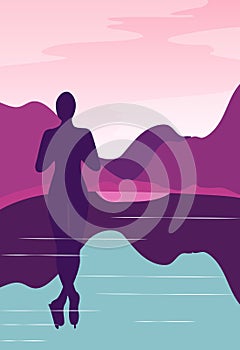 vector background with polygonal landscape illustration with athletes. winter sports. flat design. vector illustration. snowboard photo