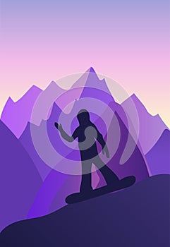 vector background with polygonal landscape illustration with athletes. winter sports. flat design. vector illustration. snowboard photo