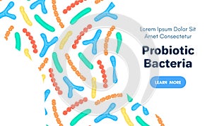 Vector background with probiotics. Bifidobacterium, lactobacillus, streptococcus thermophilus, lactococcus