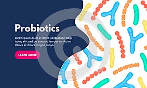 Vector background with probiotics. Bifidobacterium, lactobacillus, streptococcus thermophilus, lactococcus